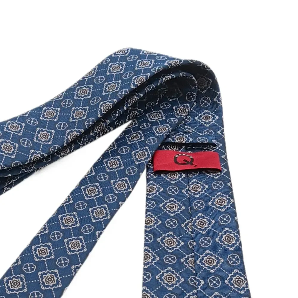 Brand Q Tie Mens Long 62.5” Blue Gray Geometric Microfiber Designer Skinny New